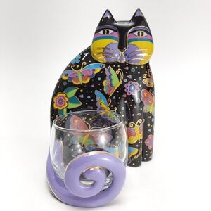 Vintage Laurel Burch Black Cat Votive Candle Holder Butterfly Porcelain 1998